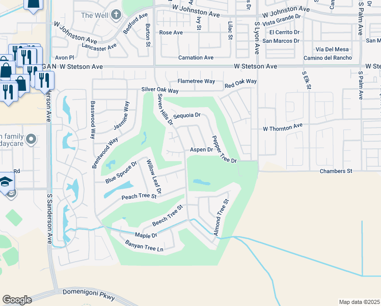 map of restaurants, bars, coffee shops, grocery stores, and more near 2249 Aspen Drive in Hemet