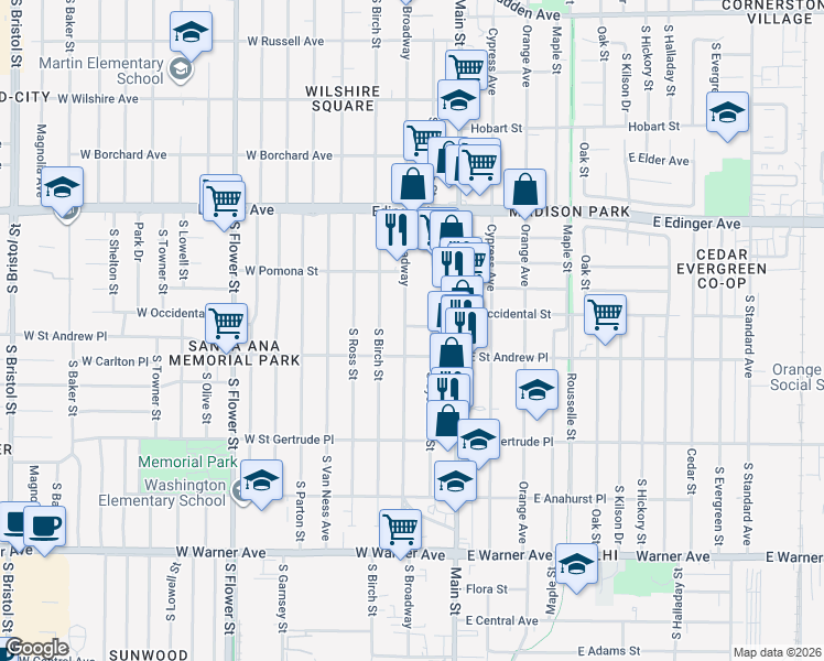 map of restaurants, bars, coffee shops, grocery stores, and more near 1901 South Broadway in Santa Ana