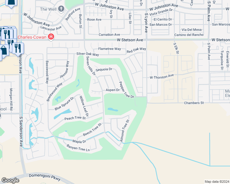 map of restaurants, bars, coffee shops, grocery stores, and more near 2095 Aspen Drive in Hemet