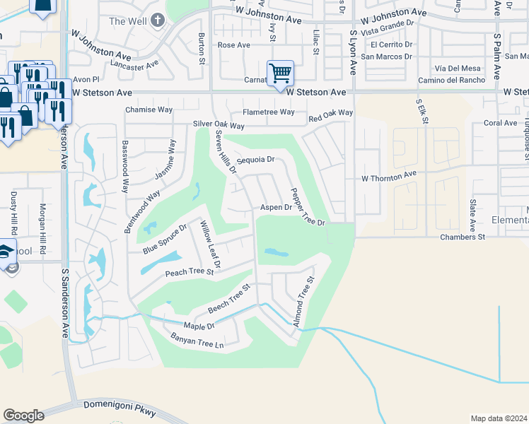 map of restaurants, bars, coffee shops, grocery stores, and more near 2195 Aspen Drive in Hemet