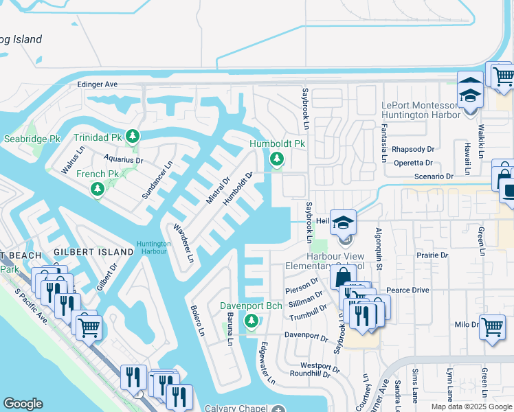 map of restaurants, bars, coffee shops, grocery stores, and more near 16412 Ardsley Circle in Huntington Beach