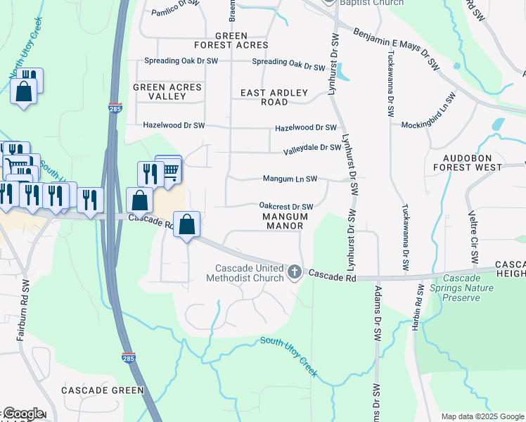 map of restaurants, bars, coffee shops, grocery stores, and more near 1296 Oakcrest Drive Southwest in Atlanta