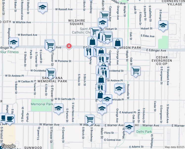 map of restaurants, bars, coffee shops, grocery stores, and more near 1901 South Broadway in Santa Ana