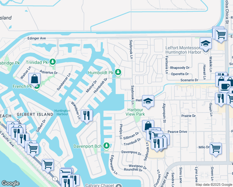 map of restaurants, bars, coffee shops, grocery stores, and more near 16412 Ardsley Circle in Huntington Beach