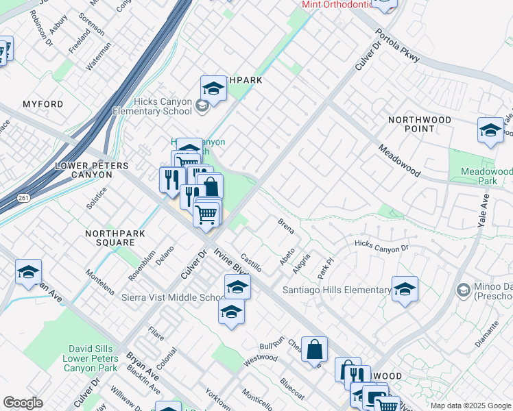 map of restaurants, bars, coffee shops, grocery stores, and more near Brena in Irvine