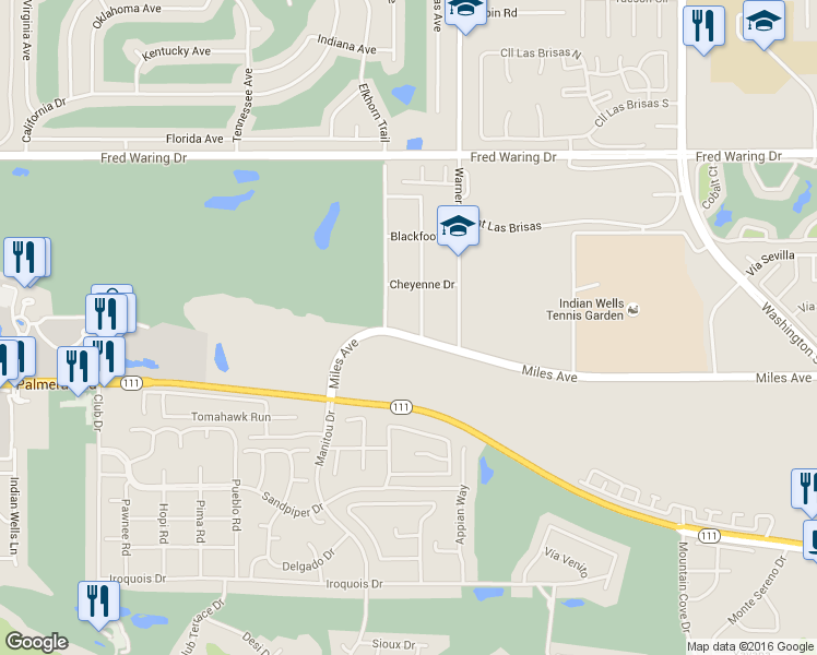 map of restaurants, bars, coffee shops, grocery stores, and more near 77384 Miles Avenue in Indian Wells