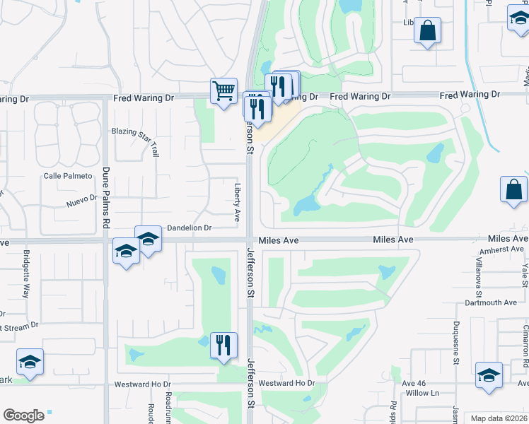 map of restaurants, bars, coffee shops, grocery stores, and more near 44110 Royal Troon Drive in Indio