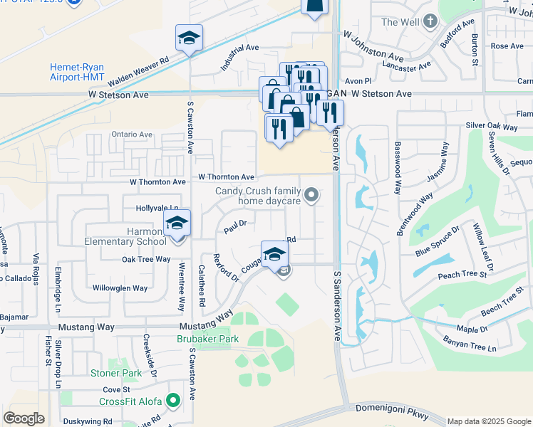 map of restaurants, bars, coffee shops, grocery stores, and more near 1413 Rabbit Peak Way in Hemet