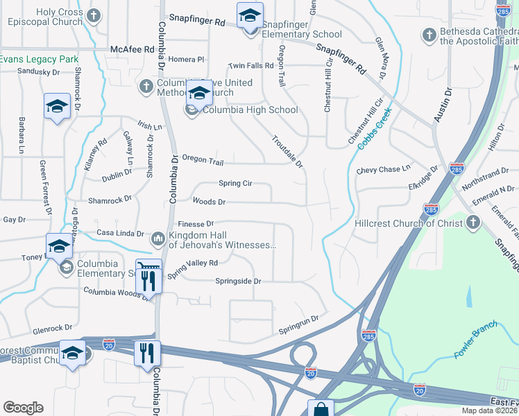 map of restaurants, bars, coffee shops, grocery stores, and more near 3520 Finesse Drive in Decatur