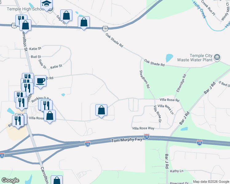 map of restaurants, bars, coffee shops, grocery stores, and more near 398 Double D Road in Temple