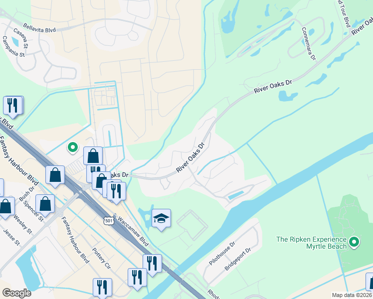 map of restaurants, bars, coffee shops, grocery stores, and more near 549 White River Drive in Myrtle Beach