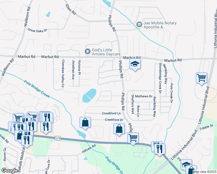 map of restaurants, bars, coffee shops, grocery stores, and more near 2216 Marbut Farms Trce in Lithonia