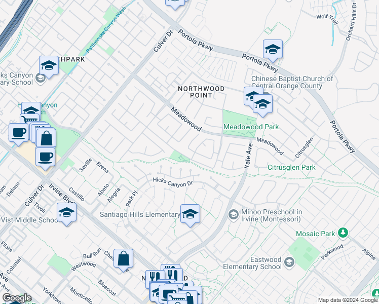 map of restaurants, bars, coffee shops, grocery stores, and more near 6 Stonebrook in Irvine
