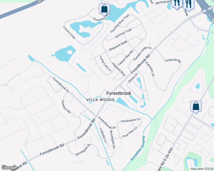 map of restaurants, bars, coffee shops, grocery stores, and more near 406 Villa Woods Drive in Myrtle Beach