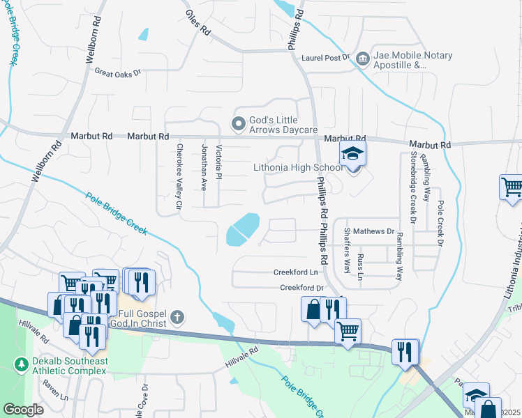 map of restaurants, bars, coffee shops, grocery stores, and more near 6225 Marbut Farms Lane in Lithonia