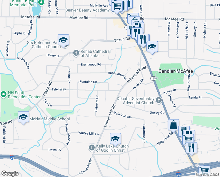 map of restaurants, bars, coffee shops, grocery stores, and more near 2572 Tyler Way in Decatur