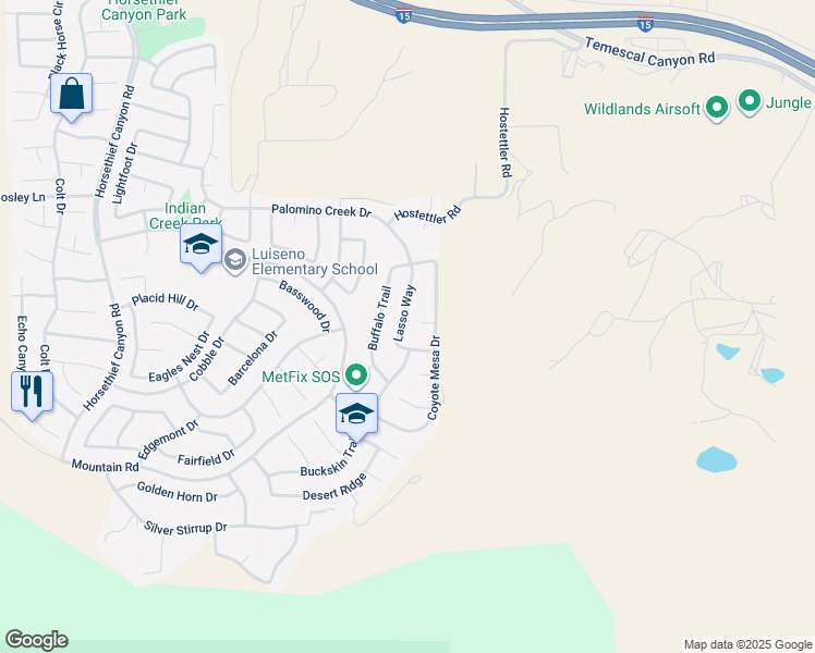map of restaurants, bars, coffee shops, grocery stores, and more near 27286 Lasso Way in Corona