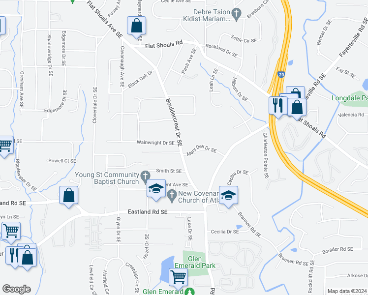 map of restaurants, bars, coffee shops, grocery stores, and more near 1142 Bouldercrest Drive Southeast in Atlanta