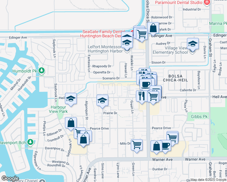 map of restaurants, bars, coffee shops, grocery stores, and more near 16442 Poco Circle in Huntington Beach