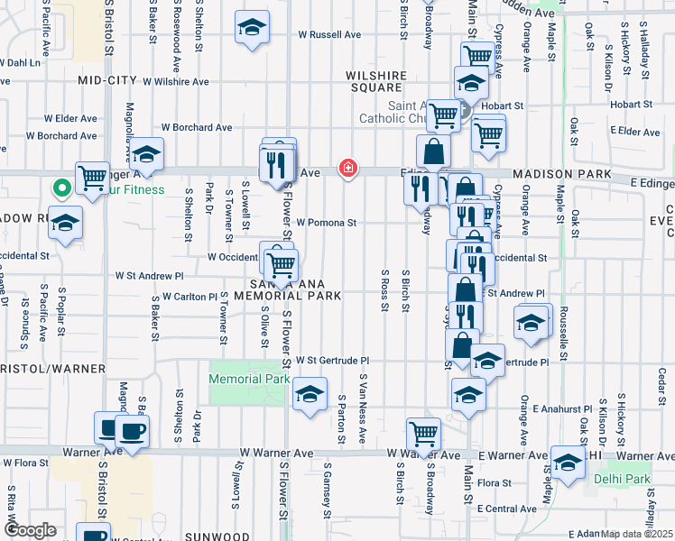 map of restaurants, bars, coffee shops, grocery stores, and more near 1902 South Parton Street in Santa Ana