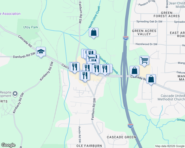 map of restaurants, bars, coffee shops, grocery stores, and more near 3680 Cascade Road in Atlanta