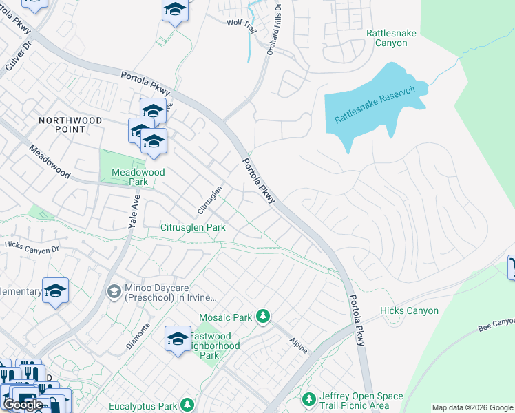 map of restaurants, bars, coffee shops, grocery stores, and more near 14 Azalea in Irvine