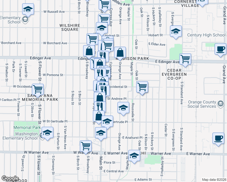 map of restaurants, bars, coffee shops, grocery stores, and more near 1911 Cypress Avenue in Santa Ana