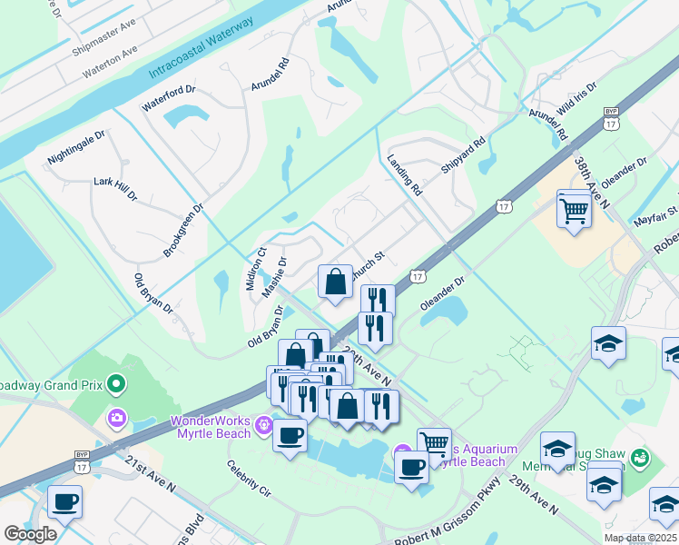 map of restaurants, bars, coffee shops, grocery stores, and more near 3004 Church Street in Myrtle Beach