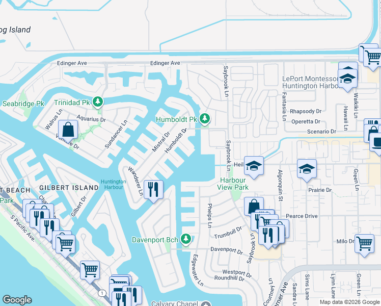 map of restaurants, bars, coffee shops, grocery stores, and more near 16412 Ardsley Circle in Huntington Beach