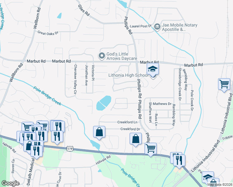 map of restaurants, bars, coffee shops, grocery stores, and more near 6227 Marbut Farms Lane in Lithonia
