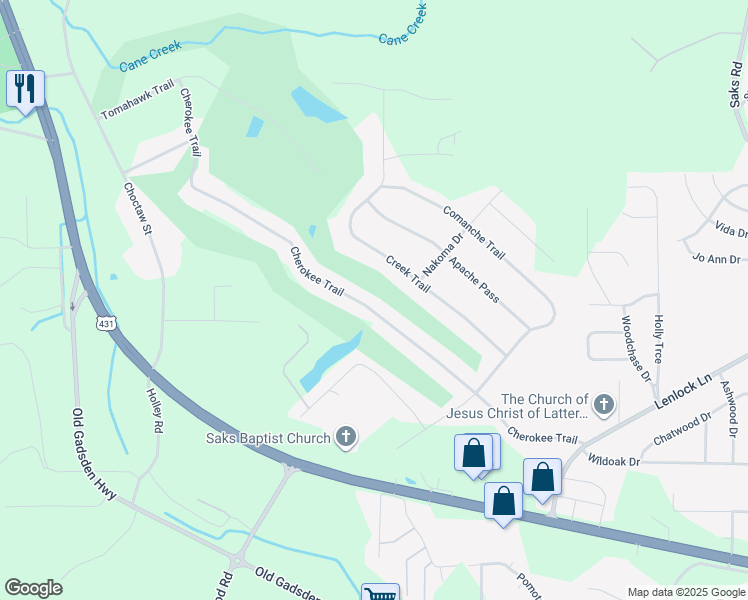 map of restaurants, bars, coffee shops, grocery stores, and more near 824 Cherokee Trail in Anniston
