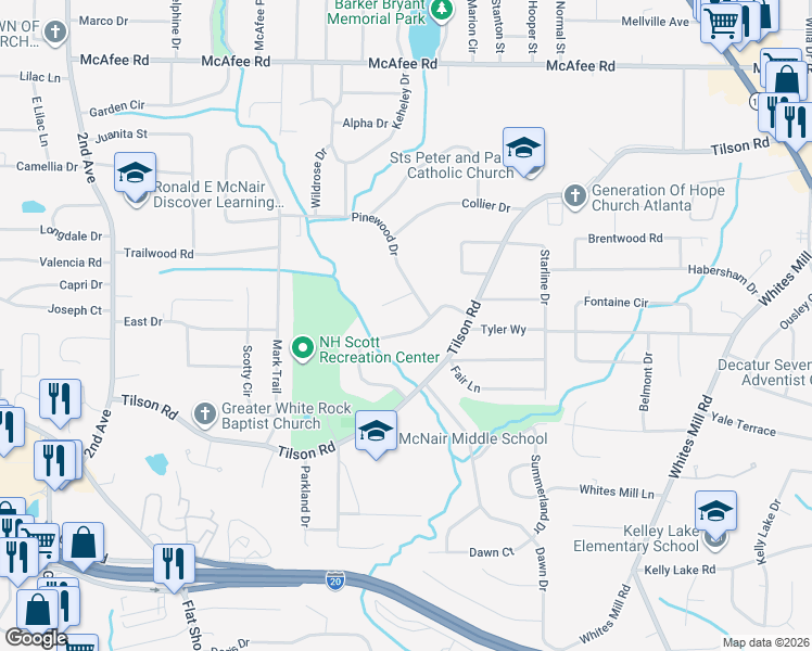 map of restaurants, bars, coffee shops, grocery stores, and more near 2263 Tilson Circle in Decatur