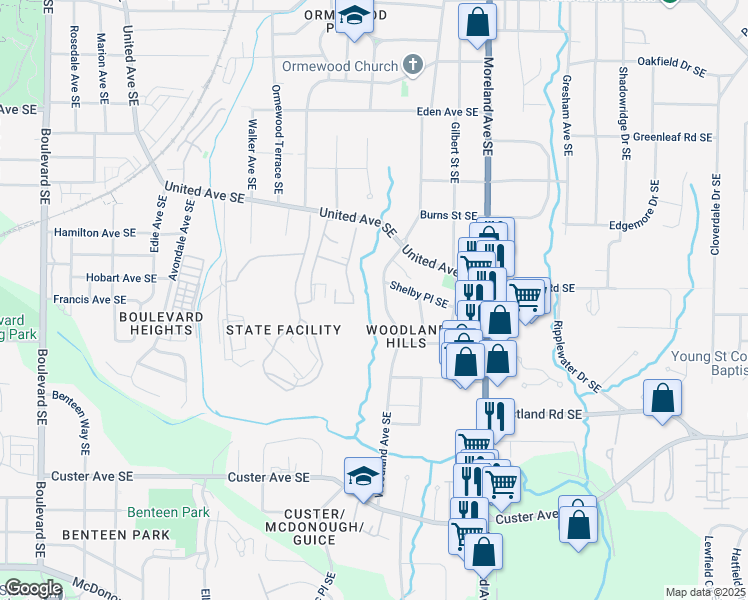 map of restaurants, bars, coffee shops, grocery stores, and more near 1149 Woodland Avenue Southeast in Atlanta