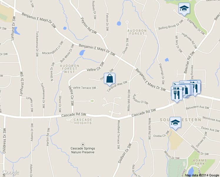 map of restaurants, bars, coffee shops, grocery stores, and more near 1167-1181 Cardinal Way SW in Atlanta