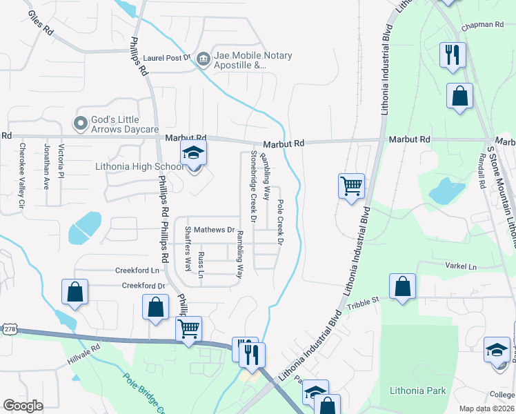 map of restaurants, bars, coffee shops, grocery stores, and more near 3021 Stonebridge Creek Drive in Lithonia