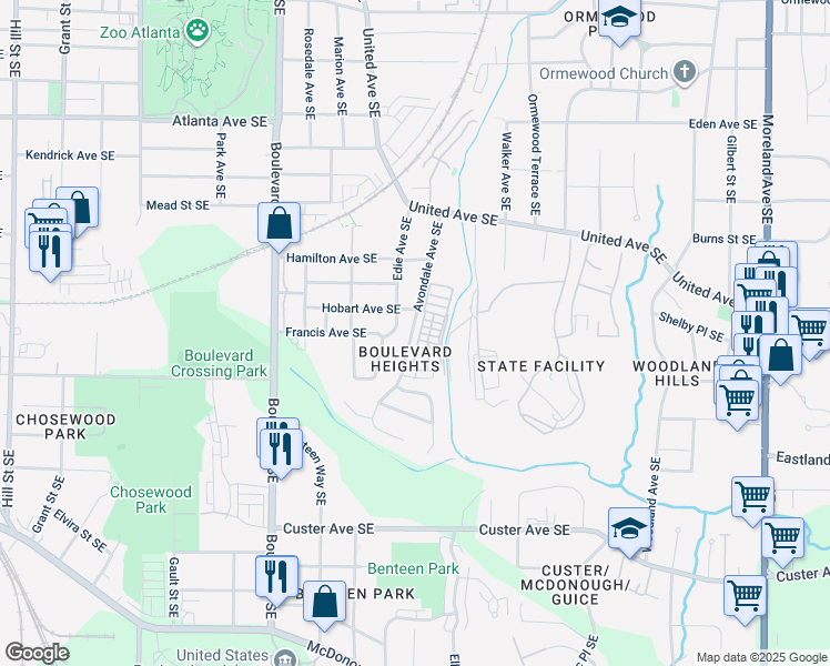 map of restaurants, bars, coffee shops, grocery stores, and more near 1155 Rambler Cross in Atlanta