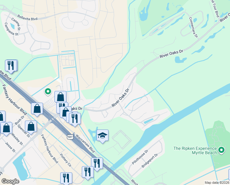 map of restaurants, bars, coffee shops, grocery stores, and more near 549 River Oaks Drive in Myrtle Beach