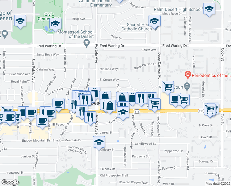 map of restaurants, bars, coffee shops, grocery stores, and more near 74125 San Marino Way in Palm Desert