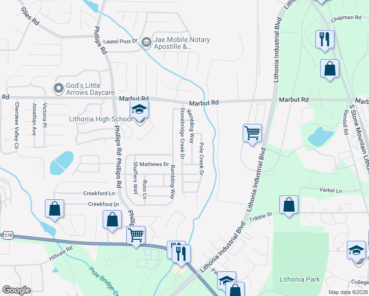 map of restaurants, bars, coffee shops, grocery stores, and more near 3010 Stonebridge Creek Drive in Lithonia