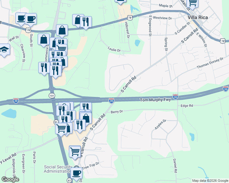 map of restaurants, bars, coffee shops, grocery stores, and more near 275 Berkley Drive in Villa Rica