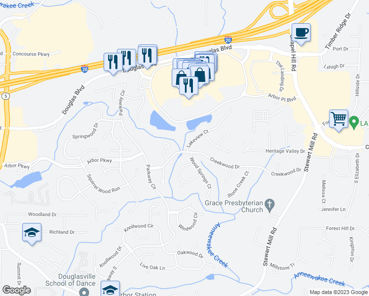map of restaurants, bars, coffee shops, grocery stores, and more near 6814 Creekwood Drive in Douglasville