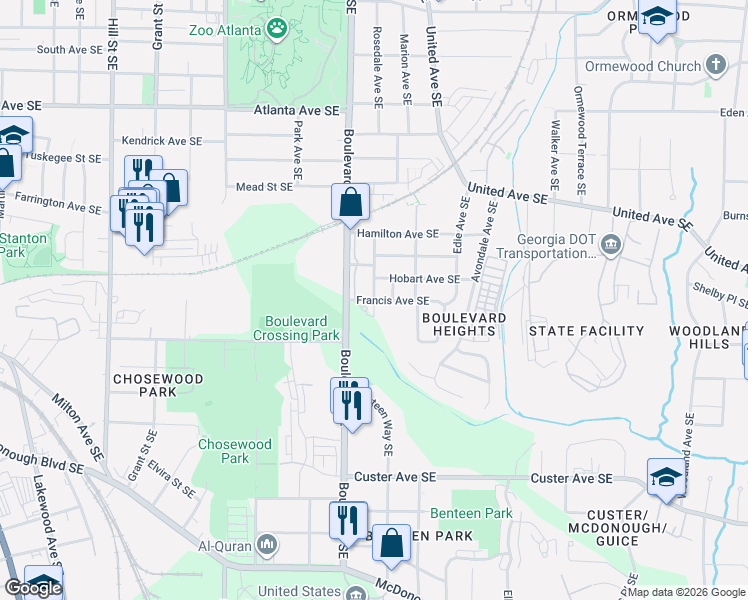 map of restaurants, bars, coffee shops, grocery stores, and more near Benteen Ave SE & Francis Ave SE in Atlanta