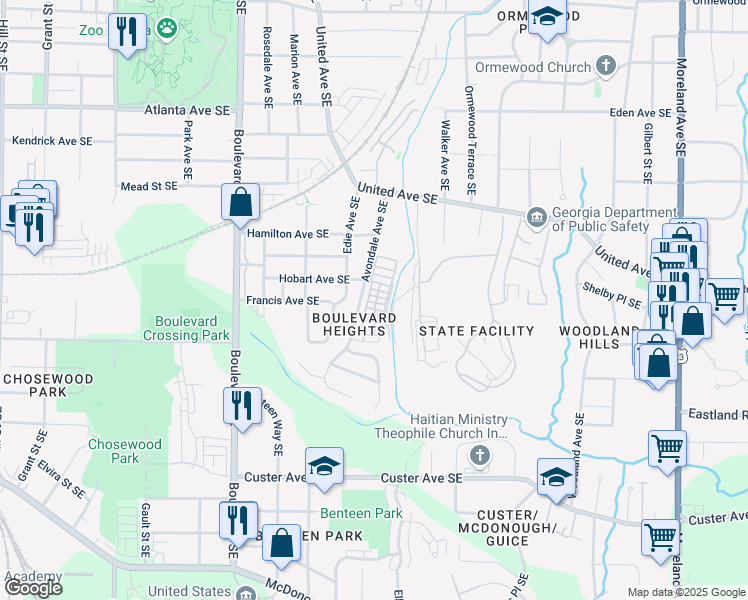 map of restaurants, bars, coffee shops, grocery stores, and more near 758 Aerial Way in Atlanta