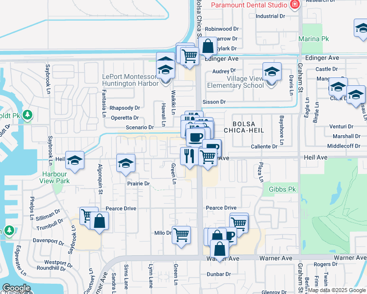map of restaurants, bars, coffee shops, grocery stores, and more near 4901 Heil Avenue in Huntington Beach
