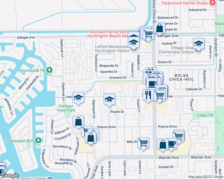 map of restaurants, bars, coffee shops, grocery stores, and more near 16456 La Villa Lane in Huntington Beach
