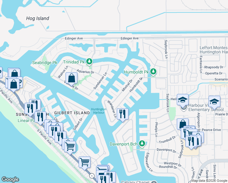 map of restaurants, bars, coffee shops, grocery stores, and more near 16455 Ladona Circle in Huntington Beach
