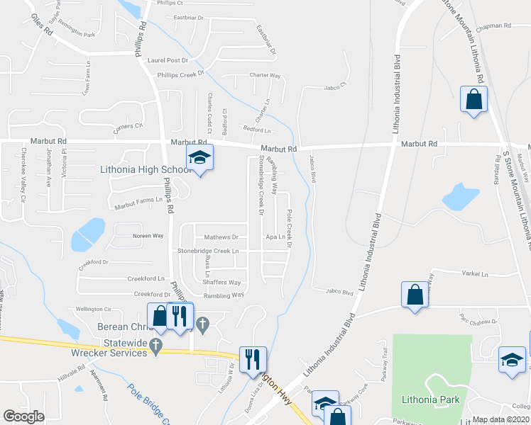 map of restaurants, bars, coffee shops, grocery stores, and more near 3010 Stonebridge Creek Drive in Lithonia