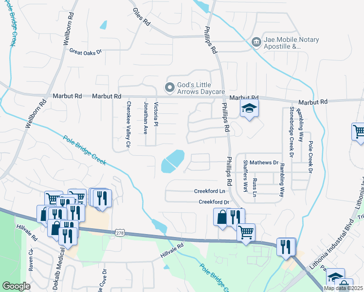 map of restaurants, bars, coffee shops, grocery stores, and more near 6223 Marbut Farms Lane in Lithonia
