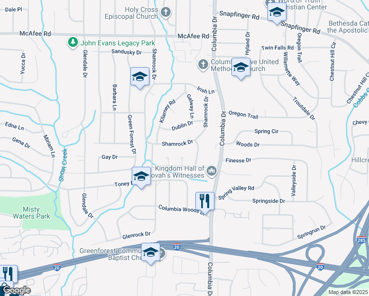 map of restaurants, bars, coffee shops, grocery stores, and more near 2315 Shamrock Drive in Decatur