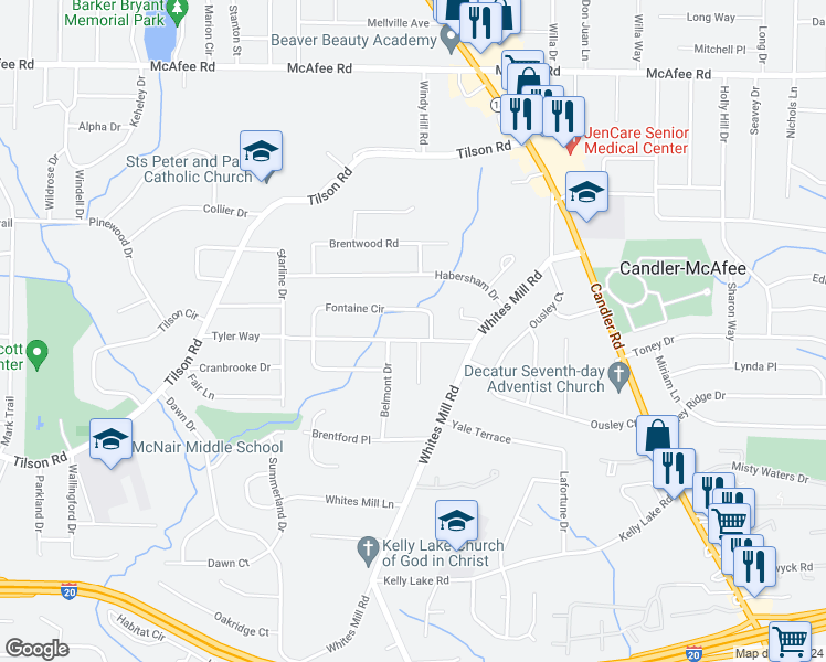 map of restaurants, bars, coffee shops, grocery stores, and more near 2548 Tyler Way in Decatur
